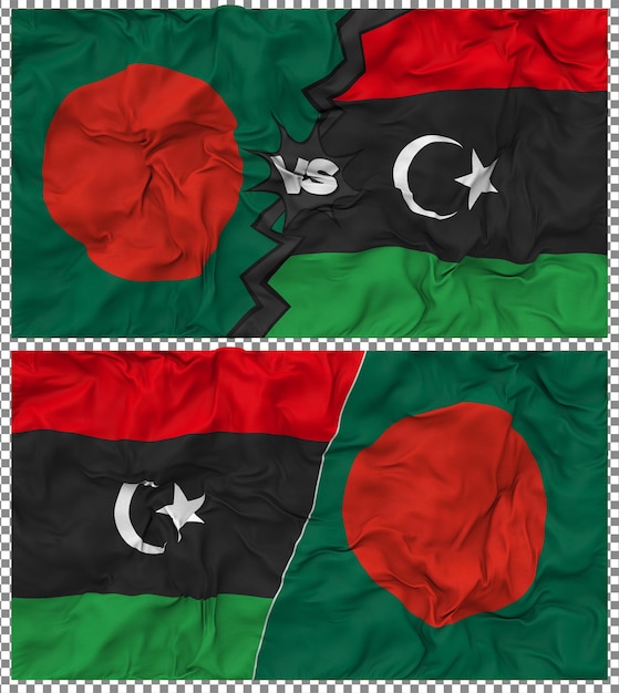 Libia contra Bangladesh Media bandera combinada con textura 3D de la tela