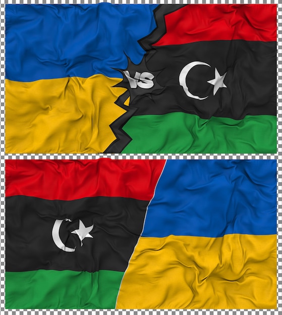 Libia contra Ucrania Media bandera combinada con textura 3D de la tela