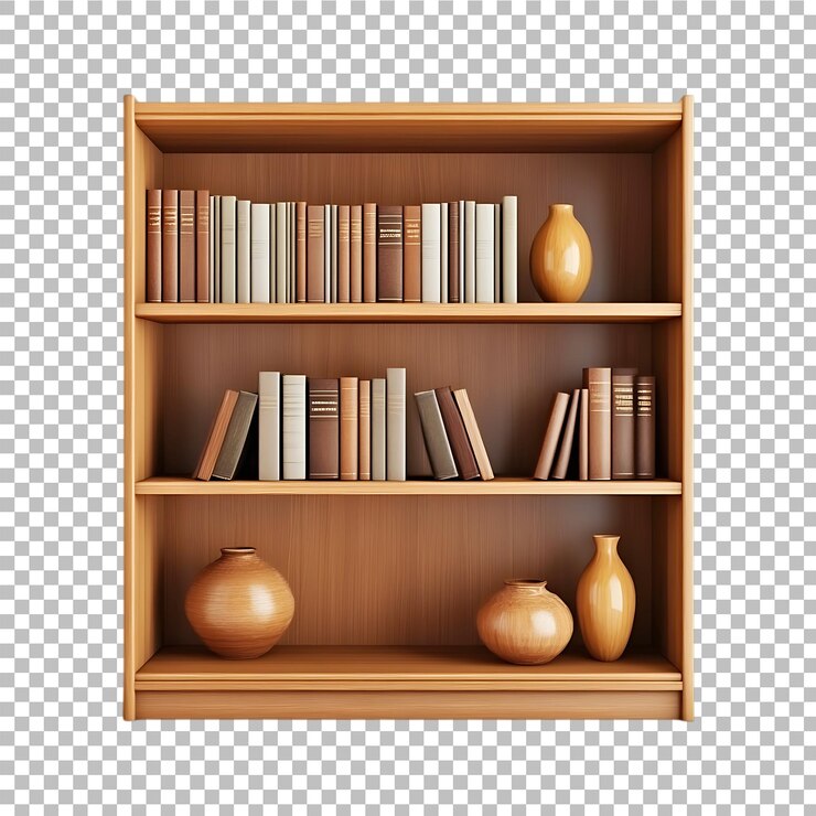 Librería de madera realista en 3D con libros y jarrones en un fondo transparente Ai generativo