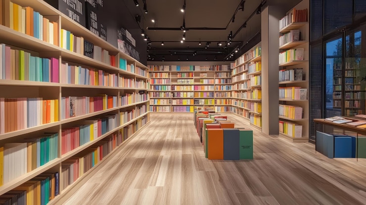 PSD libreria moderna con scaffali e posti a sedere colorati