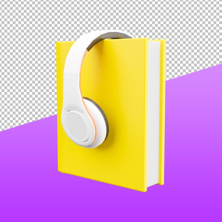PSD libro 3d con auriculares, ilustración de representación 3d