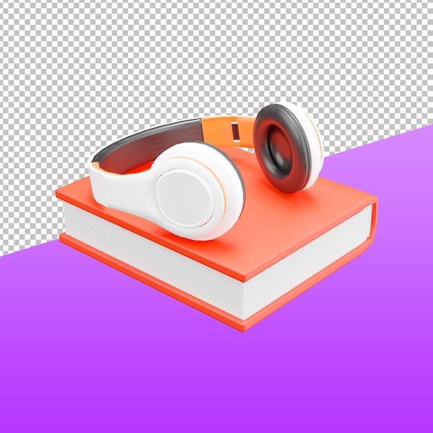 Libro 3D con auriculares, ilustración de representación 3D