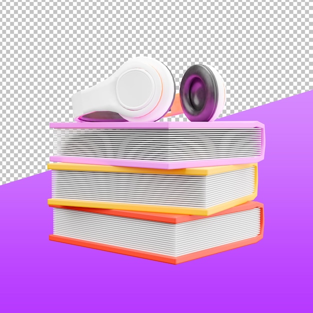 Libro 3D con auriculares, ilustración de representación 3D