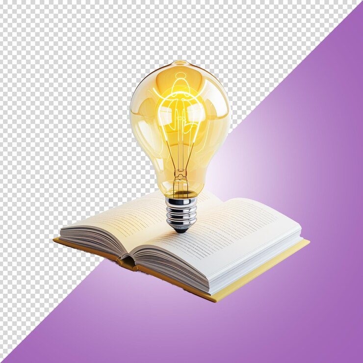 PSD libro 3d con bombilla poder del conocimiento ideas aisladas en fondo púrpura