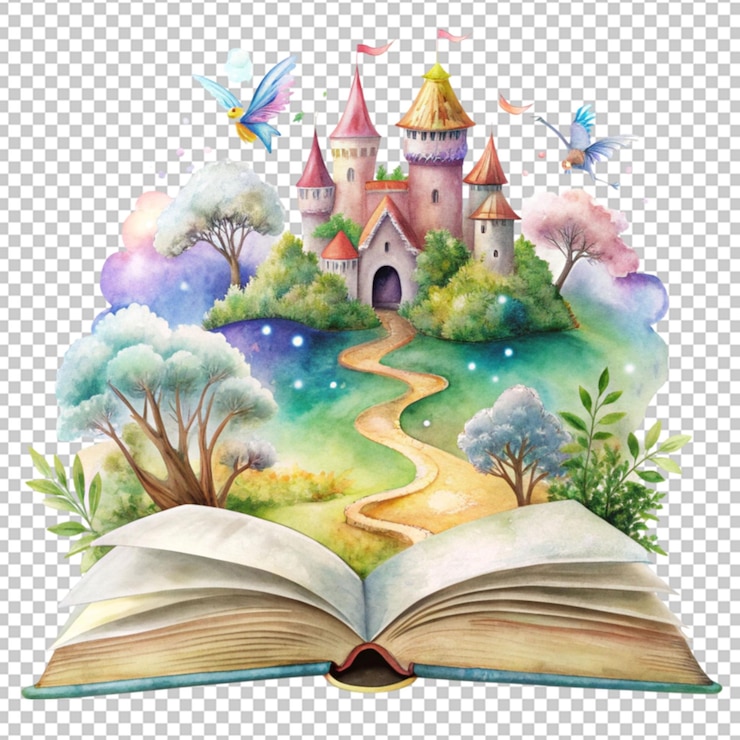 PSD libro abierto cuento de hadas historia mágica diseño de acuarela