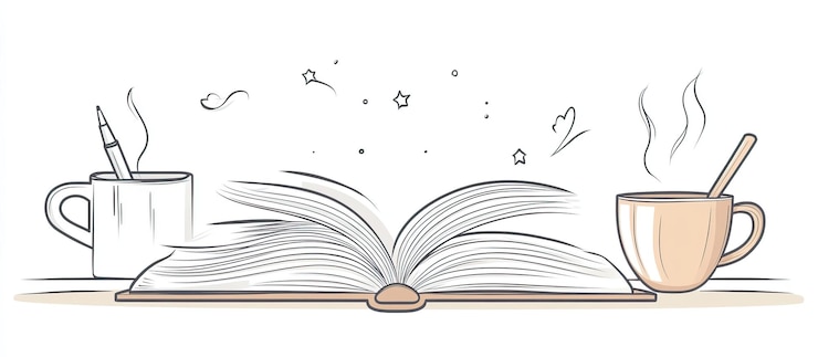 PSD libro abierto con dos tazas de bebida y estrellas mágicas