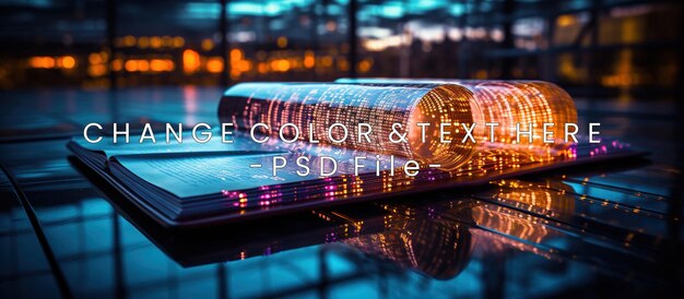 Un libro abierto futurista con visualizaciones de datos brillantes que reflejan un tema digital
