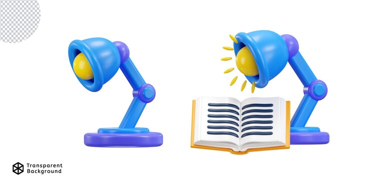 PSD libro abierto con icono de lámpara de mesa conjunto de ilustraciones vectoriales de renderización 3d