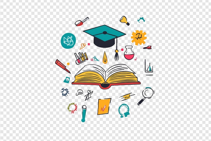 PSD libro abierto con iconos educativos aislados en un fondo transparente