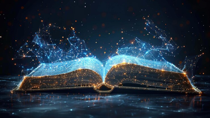 PSD un libro abierto con páginas brillantes contra un fondo oscuro