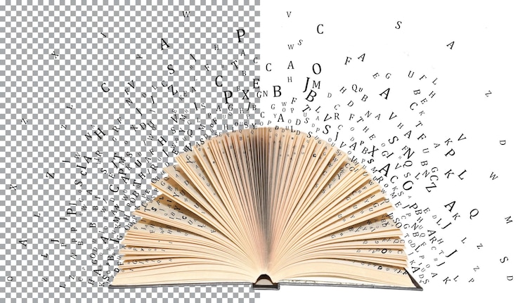 PSD un libro abierto del que las letras vuelan en diferentes direcciones, en una capa psd transparente.