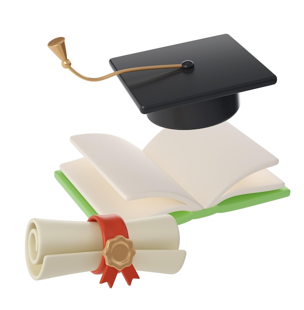 Libro abierto volador en 3D Rollo de diploma y icono de graduado de universidad o universidad con gorra negra