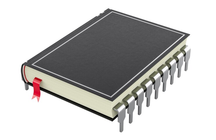PSD libro con chip electrónico integrado concepto de educación de ti representación 3d aislado en un fondo transparente