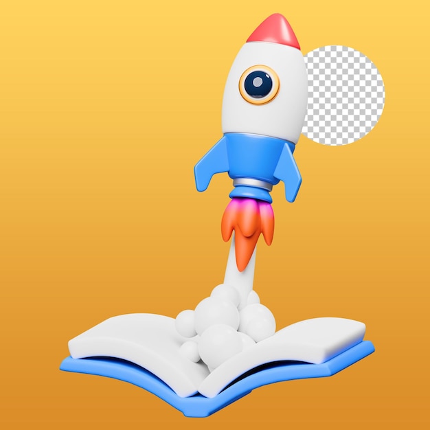 Libro, cohete, 3d, ilustración