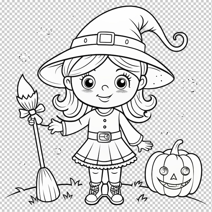 PSD libro para colorear de halloween niña linda en un fondo transparente