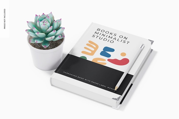 Libro con copertina rigida con mockup di etichette di carta, vista a sinistra
