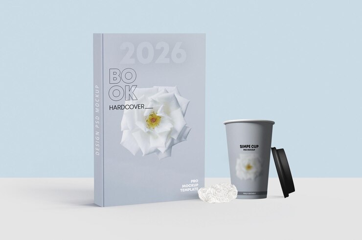 PSD libro con mockup di tazza di caffè