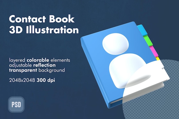 Libro de contactos con plantilla de ilustración de icono 3d de índice con elementos en capas coloreables