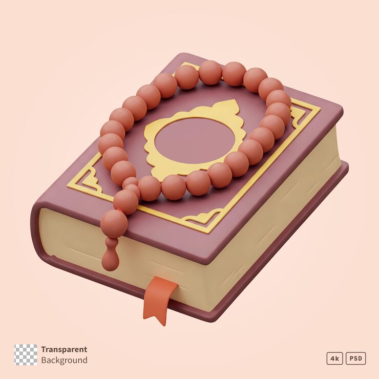 PSD libro del corán en 3d con rosario islámico