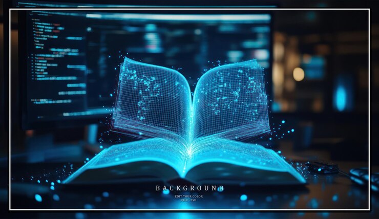 PSD un libro digital brillante flotando sobre un escritorio con una pantalla de computadora en el fondo que simboliza