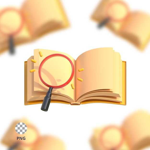 libro de iconos 3d con una lupa