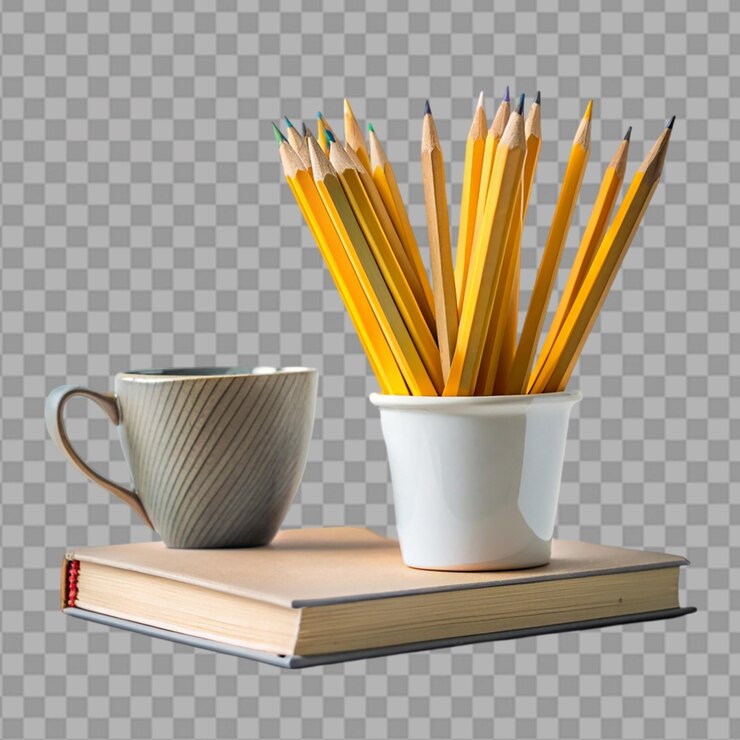 PSD un libro y lápices en una taza sobre un fondo transparente