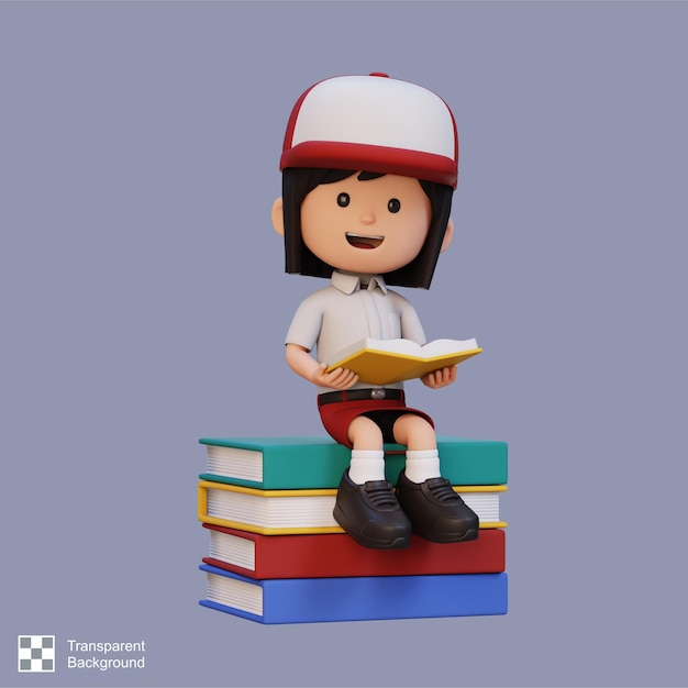 PSD libro de lectura de personajes de chicas felices en 3d