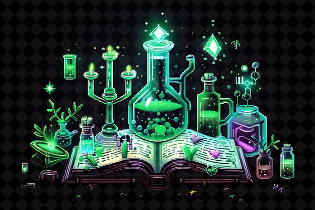 un libro con una luz verde y una botella de alcohol en la parte superior