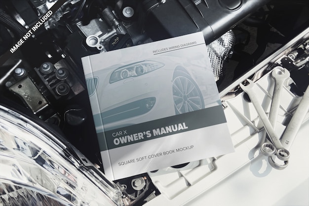 Libro del manual del propietario de Square en una maqueta de motor de automóvil