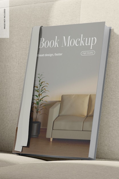 Libro con marcador en el sofá de tela Mockup vista derecha