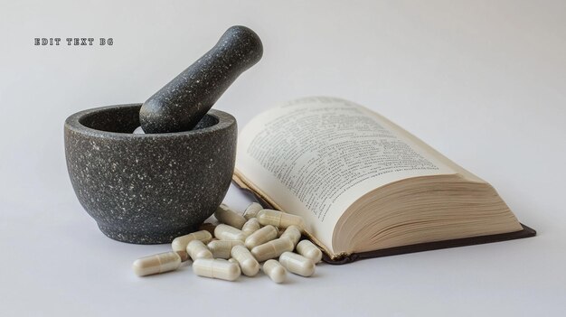 Libro de mortero y cápsulas que representan la medicina a base de hierbas y los remedios tradicionales