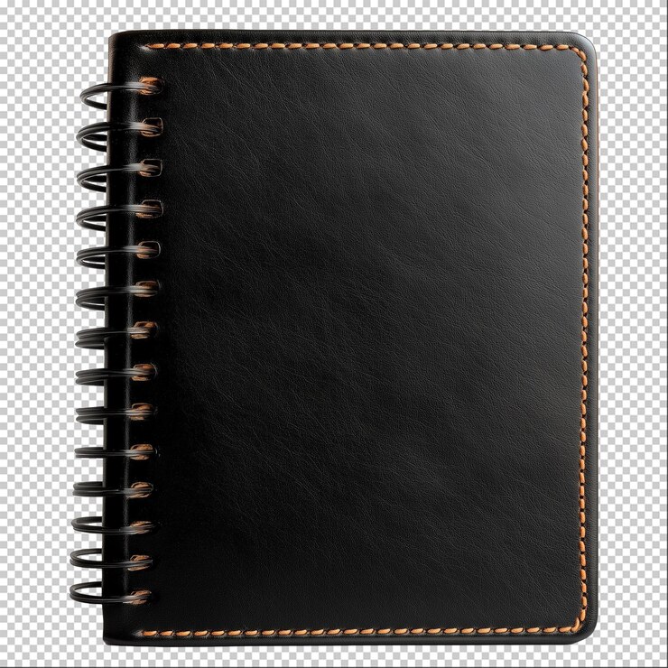 PSD libro de notas en espiral negro con una cubierta plana aislada en un fondo transparente