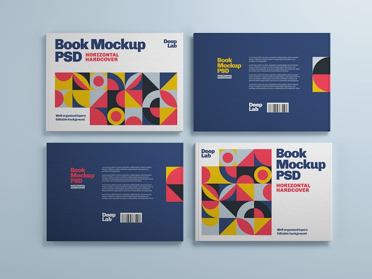 PSD libro orizzontale dalla copertina rigida con modello di colore di sfondo modificabile