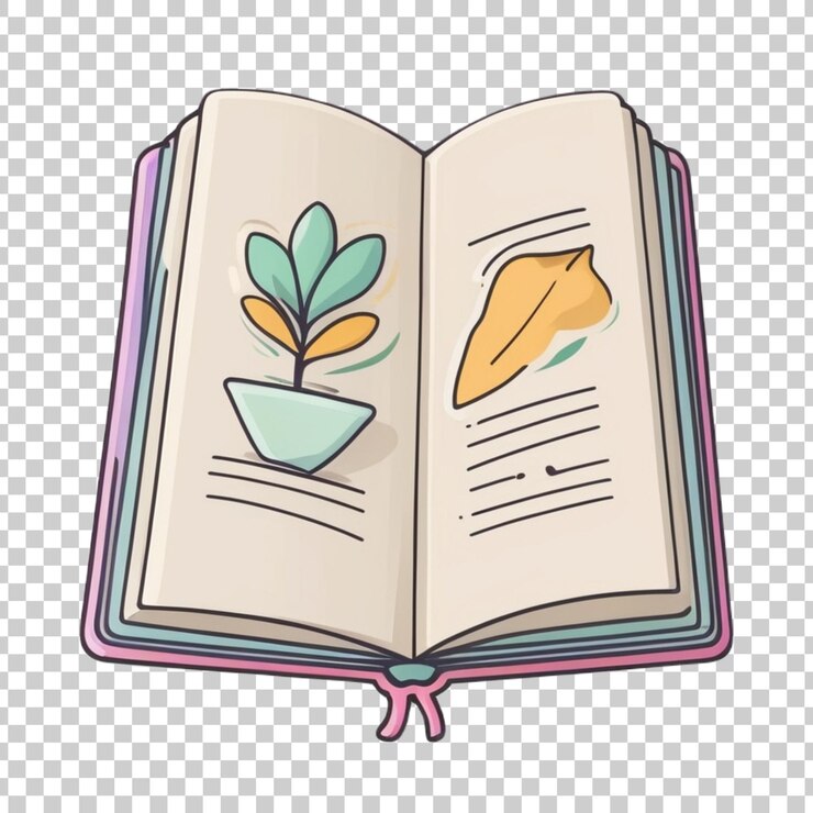 PSD un libro con una planta en la parte superior y una taza de té en el lado derecho
