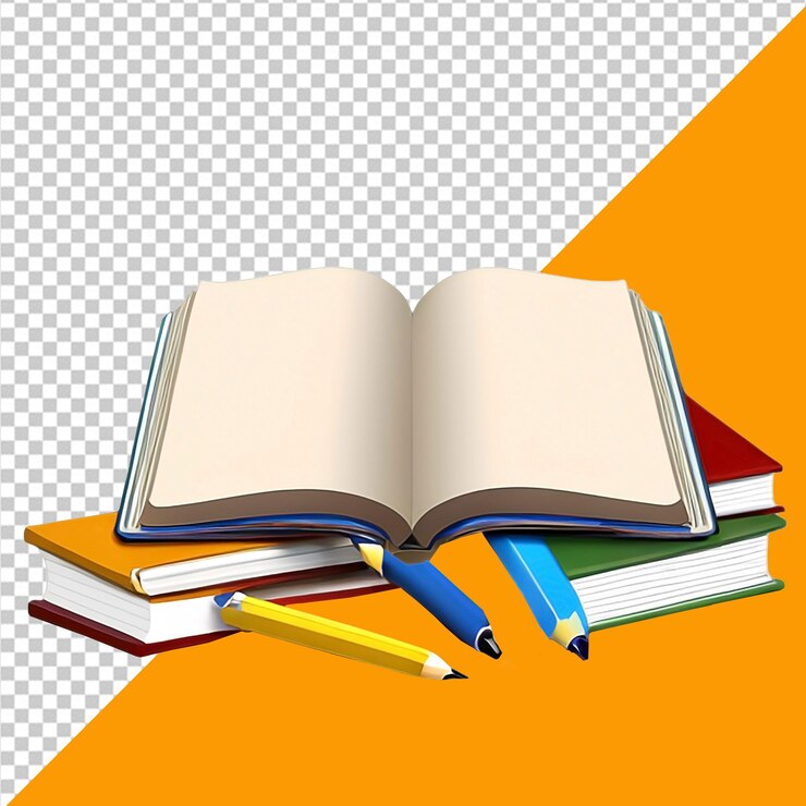 El libro PSD está abierto a una página con un lápiz en él con fondo transparente