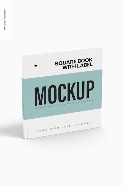 Libro quadrato con etichetta Mockup, prospettiva