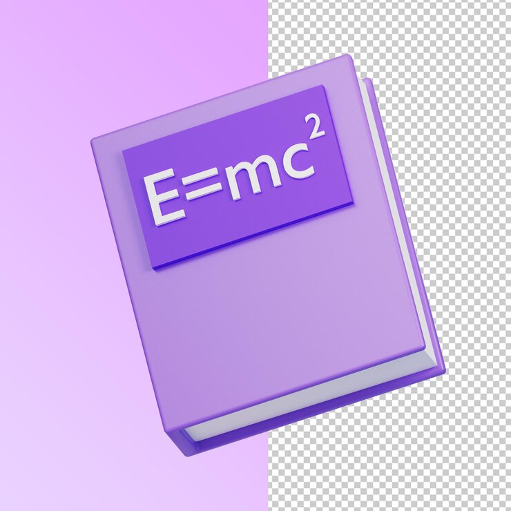 Libro renderizado en 3D que ilustra la fórmula de equivalencia de masa y energía de Einstein