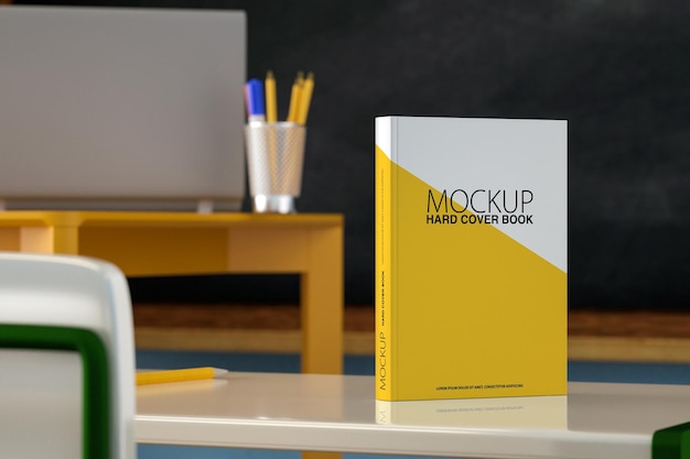 Libro de texto mock up y lápiz en el escritorio de la escuela 3d render