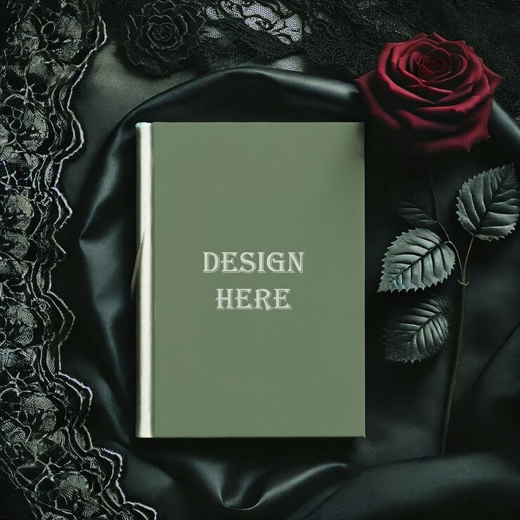 PSD libro verde su tessuto verde liscio con accento rosso fresco elegant mockup psd