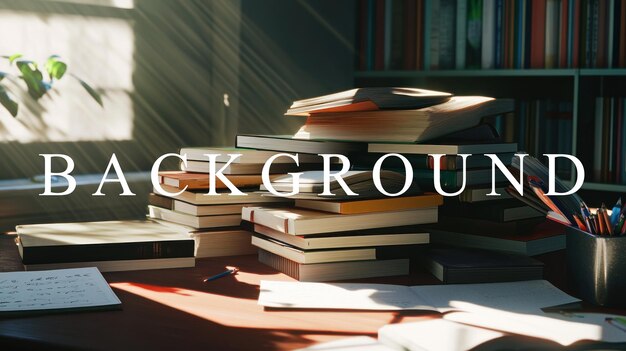 Libros apilados en un escritorio con luz solar