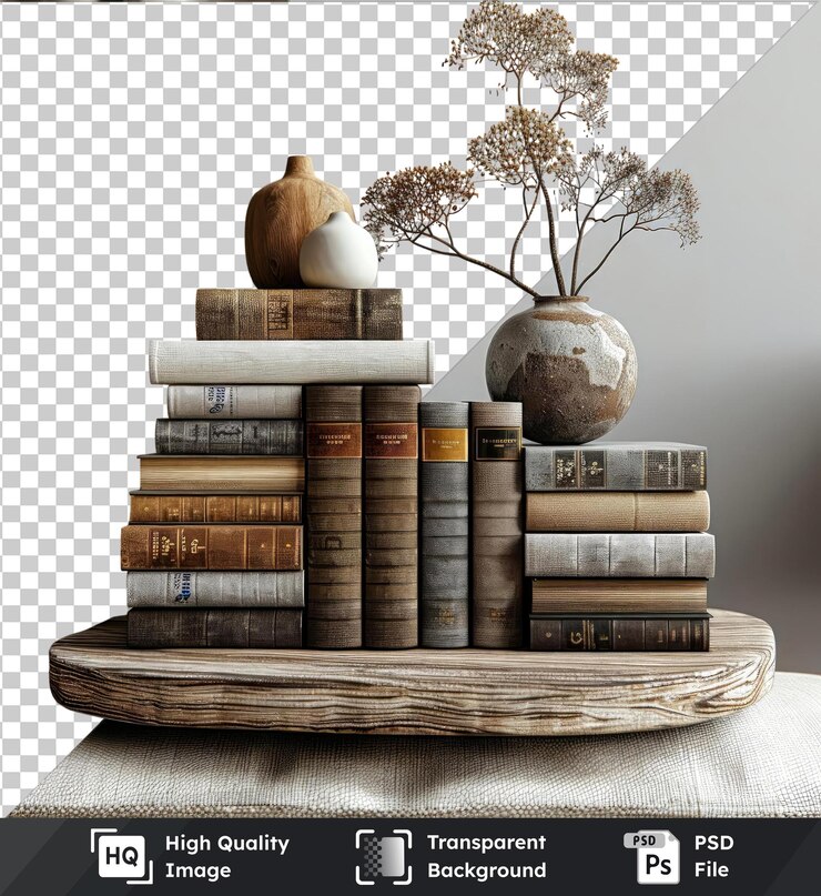 PSD libros de primera calidad expuestos en una mesa de madera con un jarrón blanco y un árbol contra una pared blanca