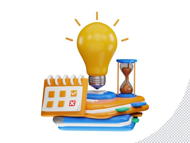 Libros de renderizado 3d con bombilla y reloj de arena en la parte superior y calendario