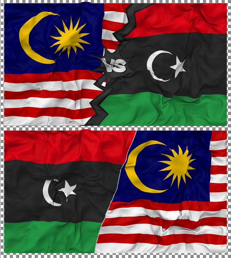 PSD libya vs malaysia half combined flag cloth bump texture 3d rendering