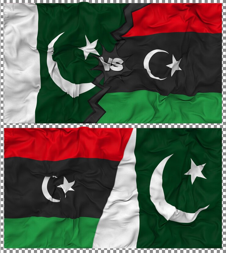 PSD libya vs pakistan half combined flag cloth bump texture 3d rendering