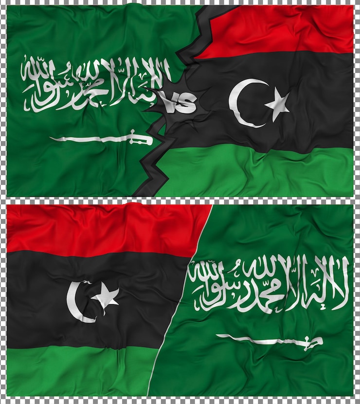 PSD libya vs saudi arabia half combined flag cloth bump texture 3d rendering