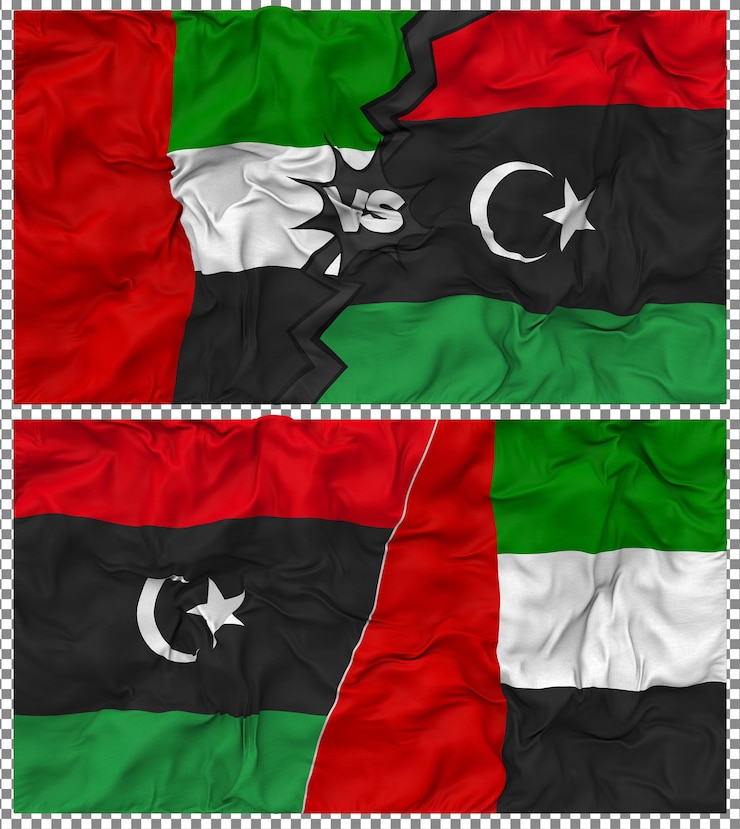 PSD libya vs united arab emirates half combined flag cloth bump texture 3d rendering
