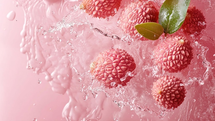 PSD lichis frescos salpicando en el agua sobre un fondo rosado