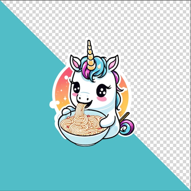 Licorne de dessin animé 3D dans un bol de nouilles ramen avec un fond transparent