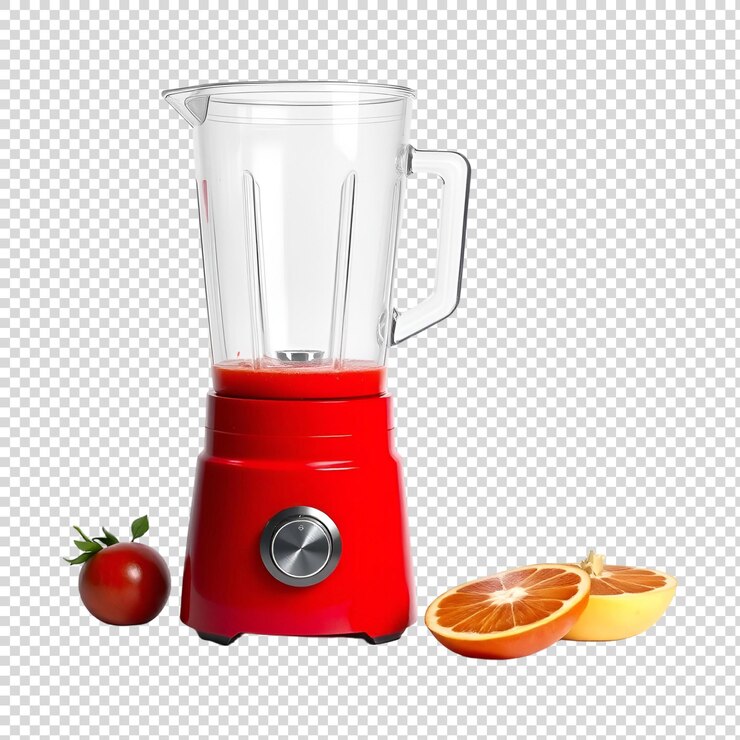 PSD una licuadora roja con una fruta y rebanadas de naranja en ella