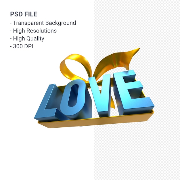 Liebe Text mit Bogen und Band 3D-Rendering isoliert